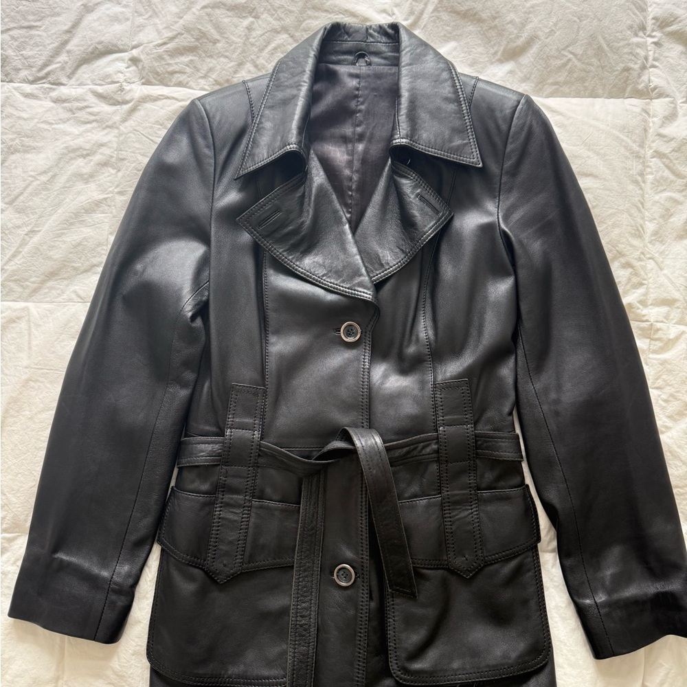 Vintage Black Genuine Leather Trench Coat Belted Long Jacket